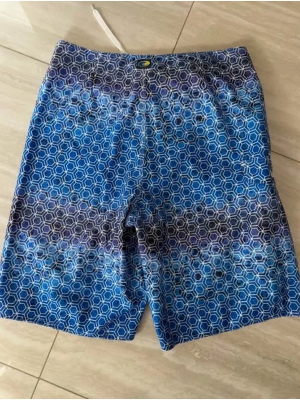 Men's 32” Blue Geometric Board Shorts with Drawstring velcro rs surf